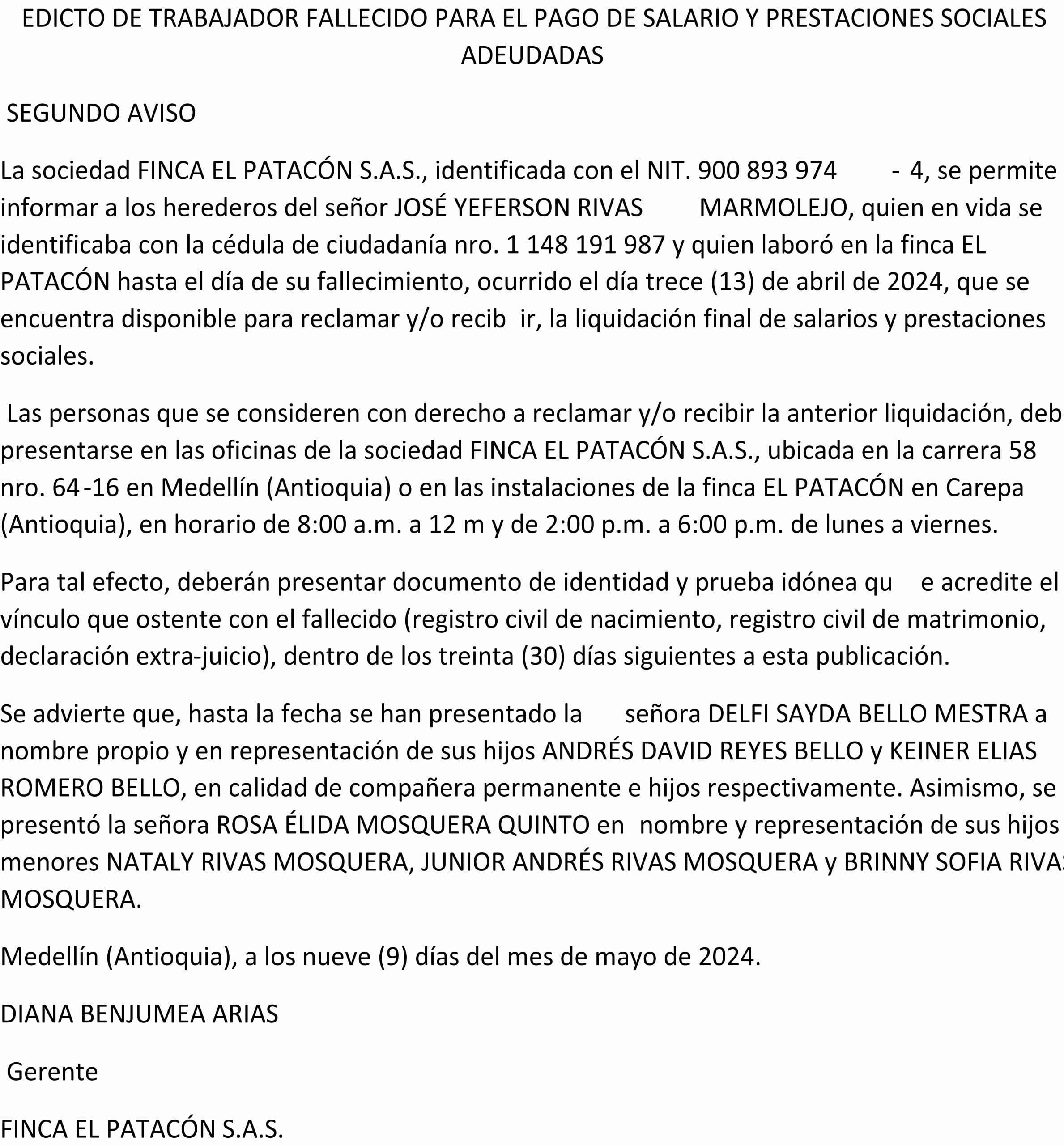 EDICTO DE TRABAJADOR FALLECIDO PARA EL PAGO DE SALARIO Y PRESTACIONES SOCIALES ADEUDADAS