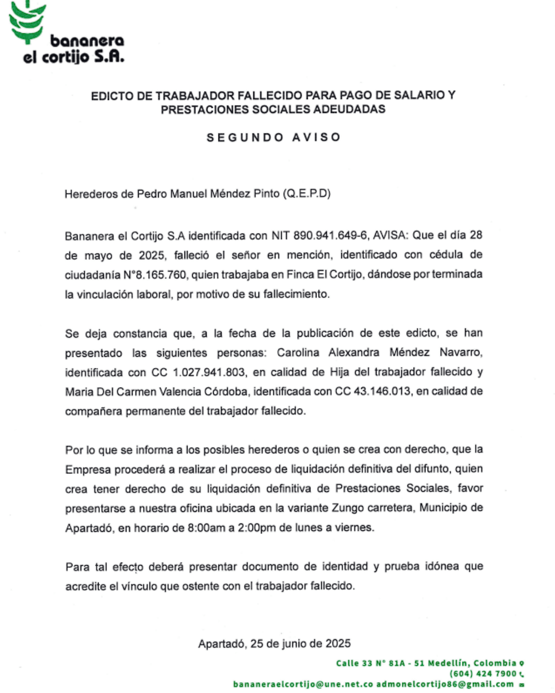 EDICTO DE TRABAJADOR FALLECIDO PARA PAGO DE SALARIO Y PRESTACIONES SOCIALES ADEUDADAS