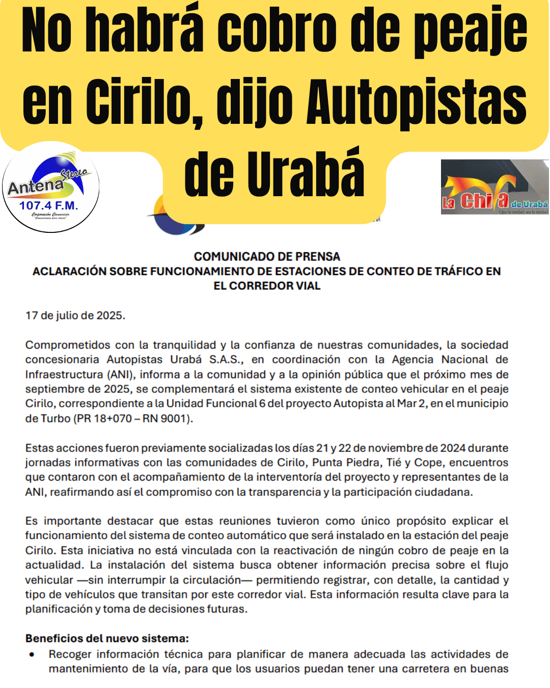 Instalarán sistema de conteo en peaje Cirilo, pero no habrá cobro para los usuarios
