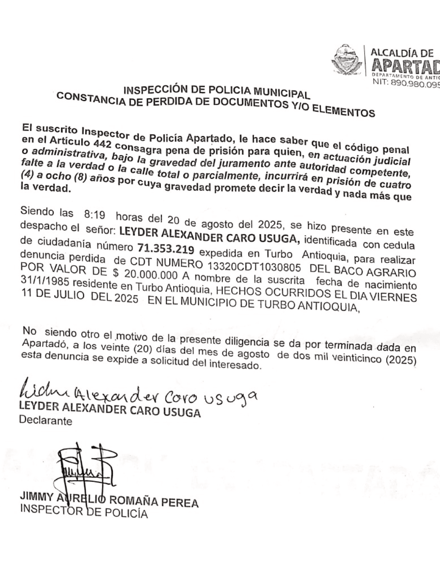 ALCALDÍA DE APARTADÓ-DEPARTAMENTO DE ANTIOQUIA – NIT: 890.990.090