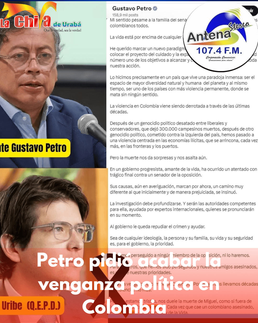 Petro rechazó asesinato de Miguel Uribe y pidió alejar la venganza de la política