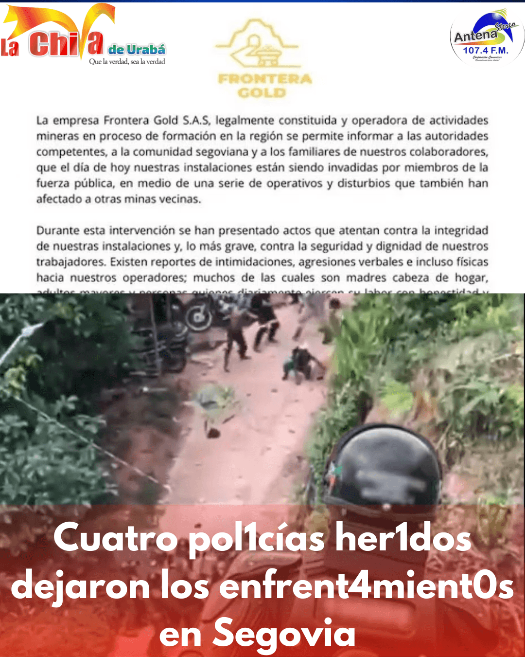 Día de tensión en Segovia, por enfrentamientos entre mineros y la fuerza pública