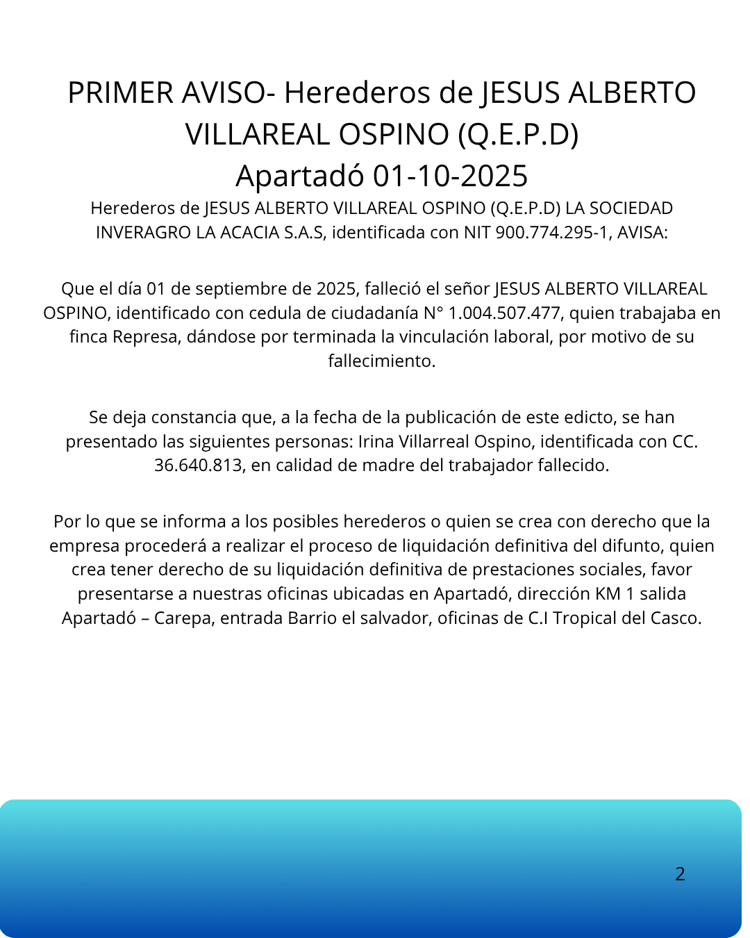 PRIMER AVISO- Herederos de JESUS ALBERTO VILLAREAL OSPINO (Q.E.P.D)