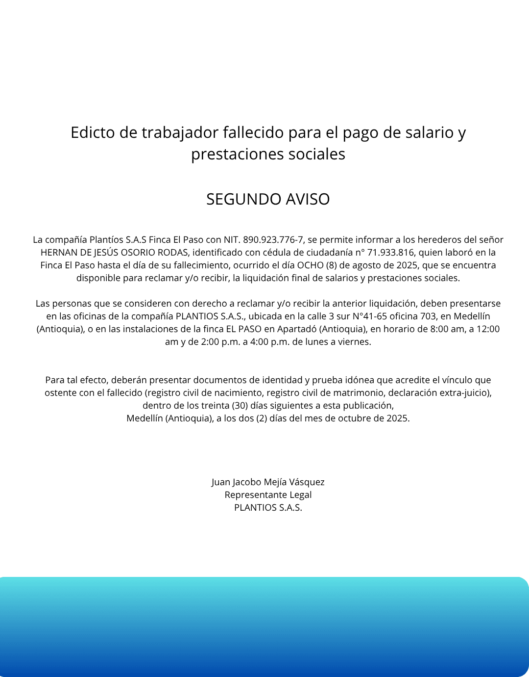 Edicto de trabajador fallecido para el pago de salario y prestaciones sociales