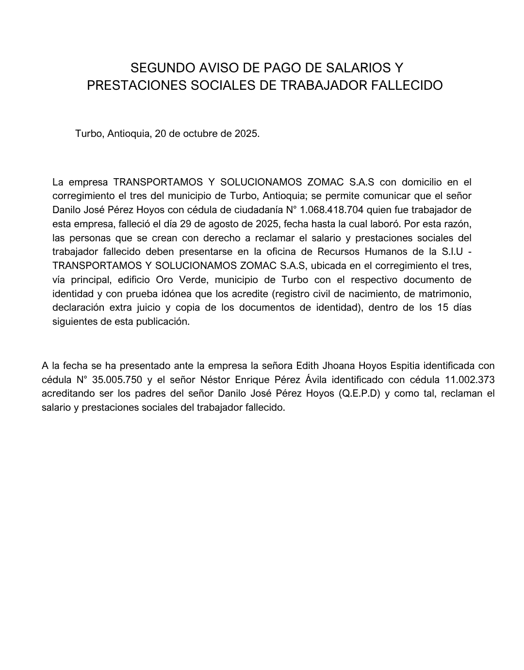 Segundo aviso de pago de salarios y prestaciones sociales de trabajador fallecido