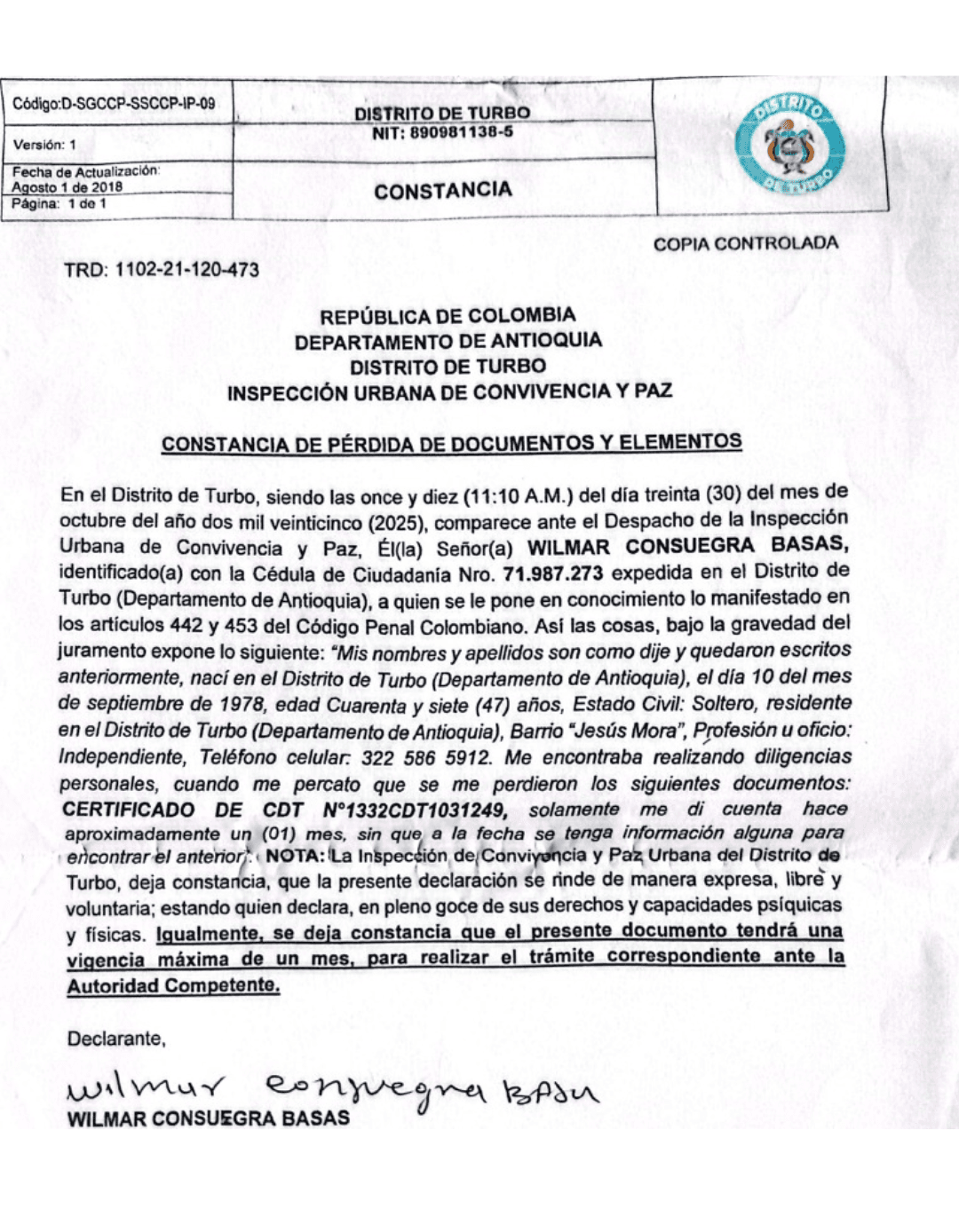República de Colombia, departamento de Antioquia, Distrito de Turbo, Inspección Urbana de Convivencia y Paz