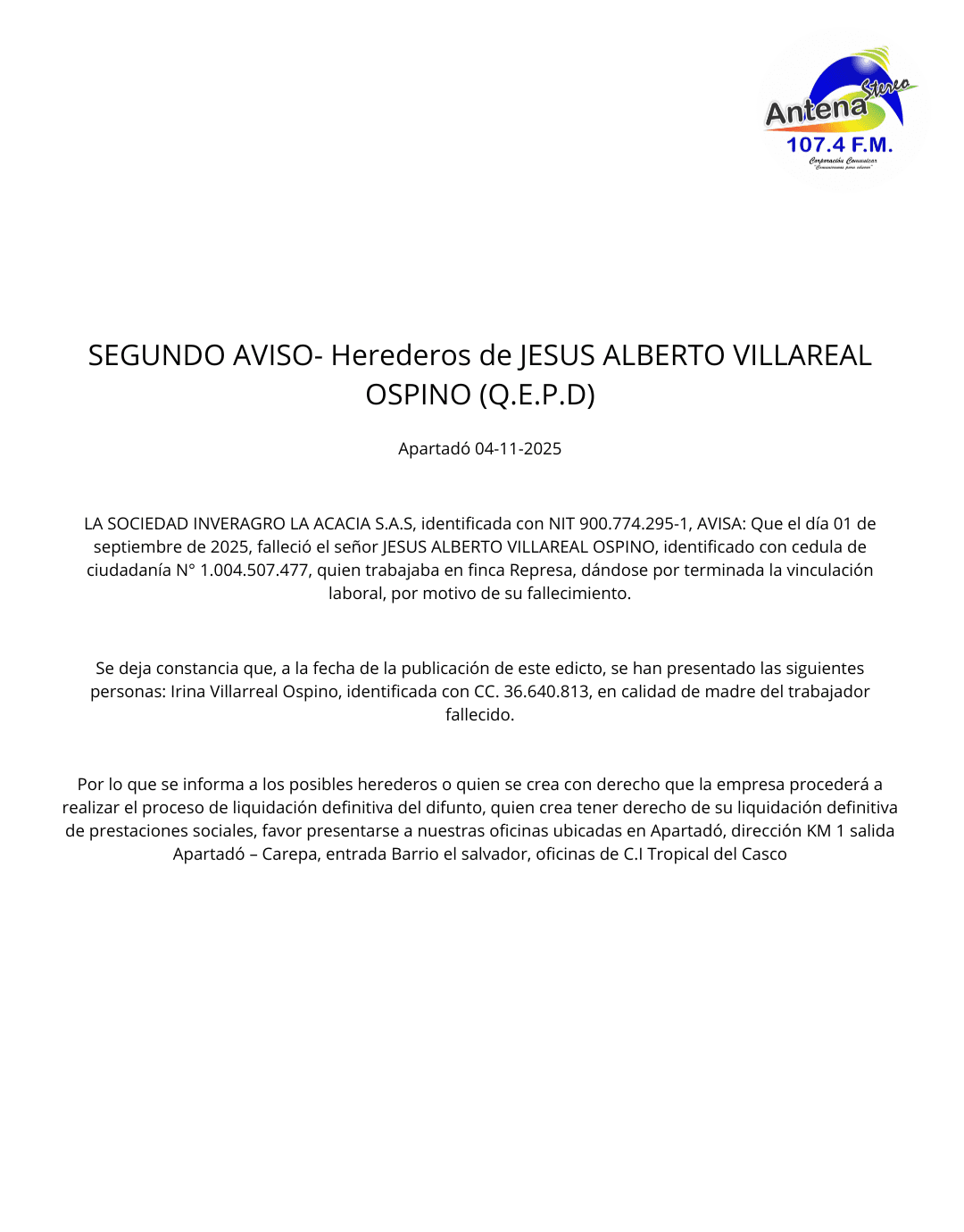 SEGUNDO AVISO- Herederos de JESUS ALBERTO VILLAREAL OSPINO (Q.E.P.D)