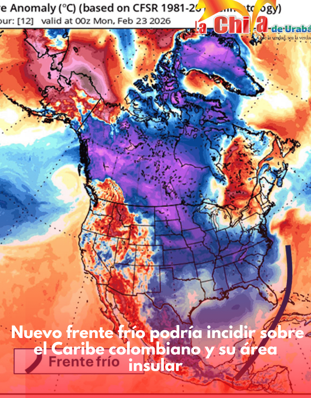 Nuevo frente frío podría incidir sobre Urabá, el Caribe colombiano y su área insular