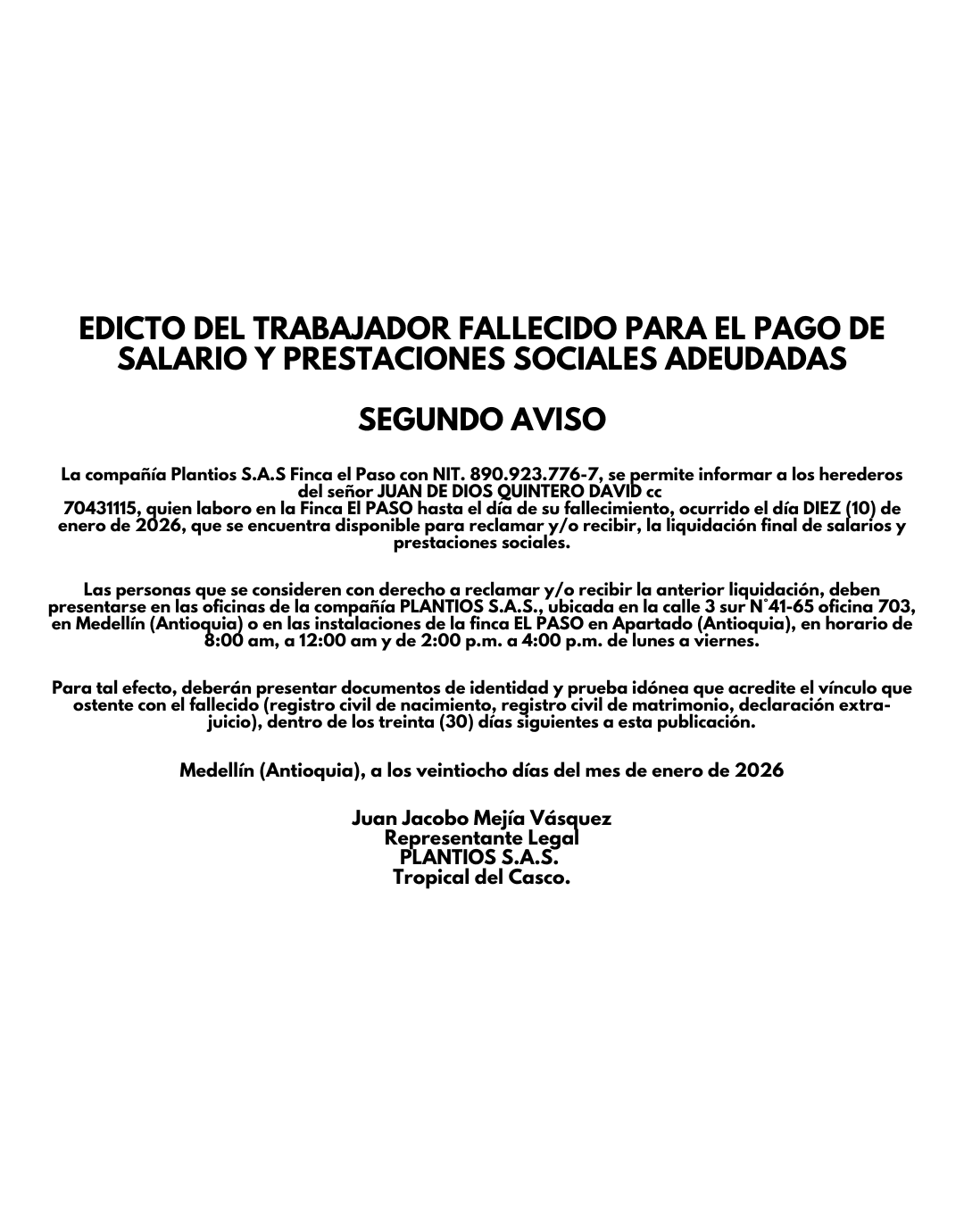 Edicto de trabajador fallecido para el pago de salario y prestaciones sociales adeudadas