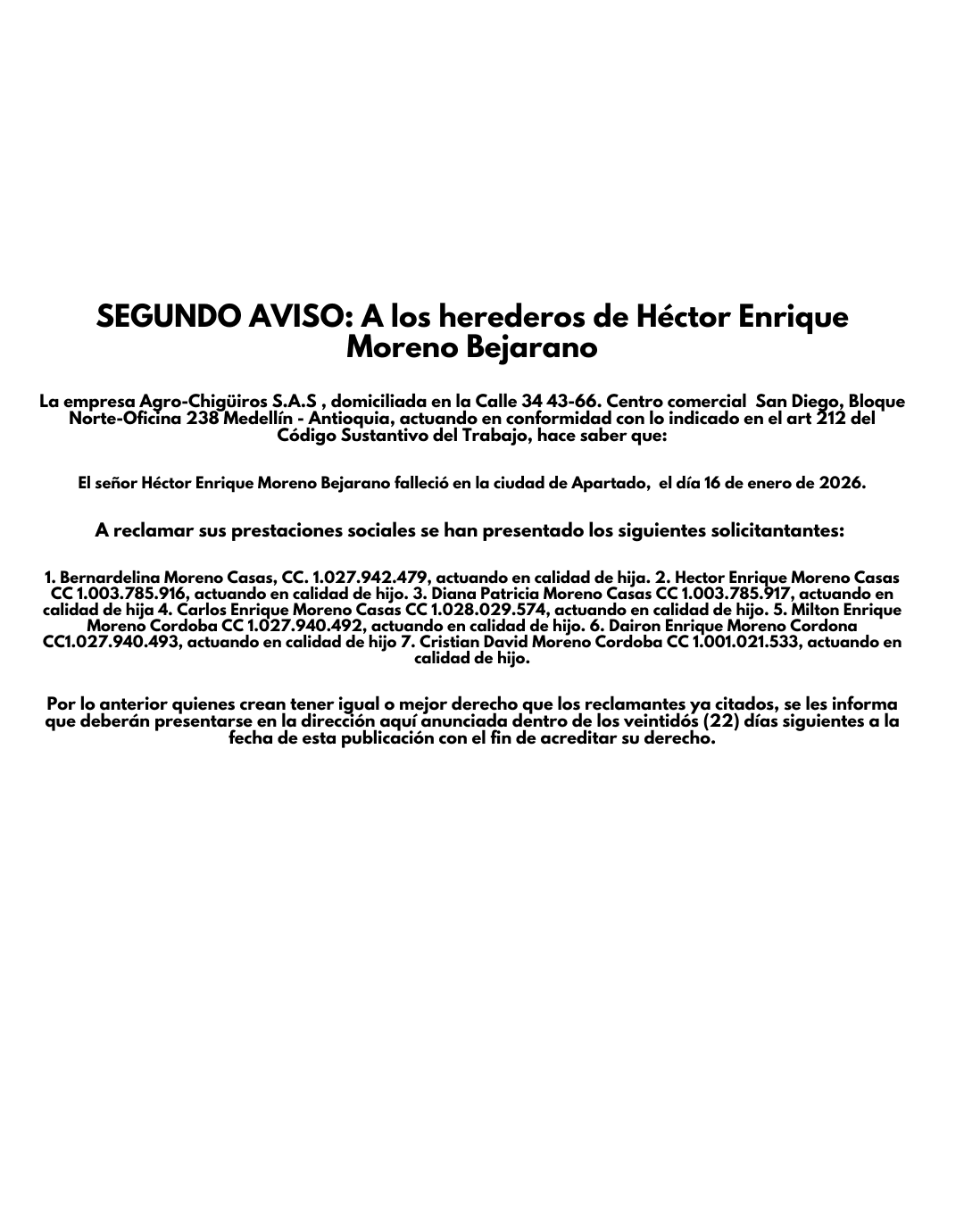 SEGUNDO AVISO: A los herederos de Héctor Enrique Moreno Bejarano