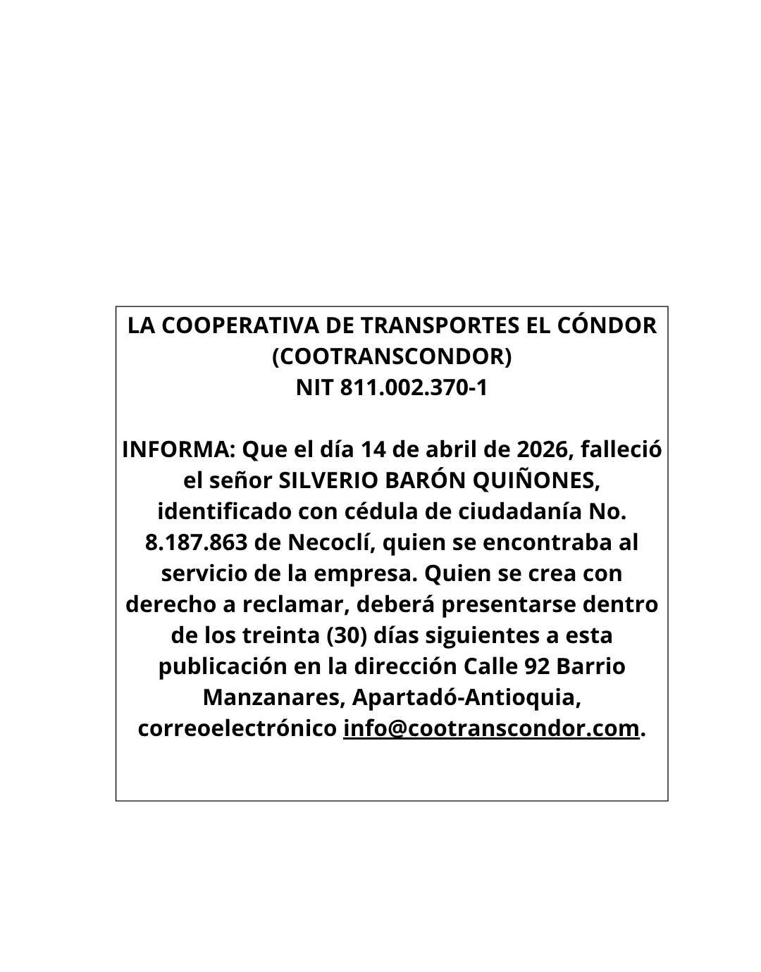 LA COOPERATIVA DE TRANSPORTES EL CÓNDOR(COOTRANSCONDOR)