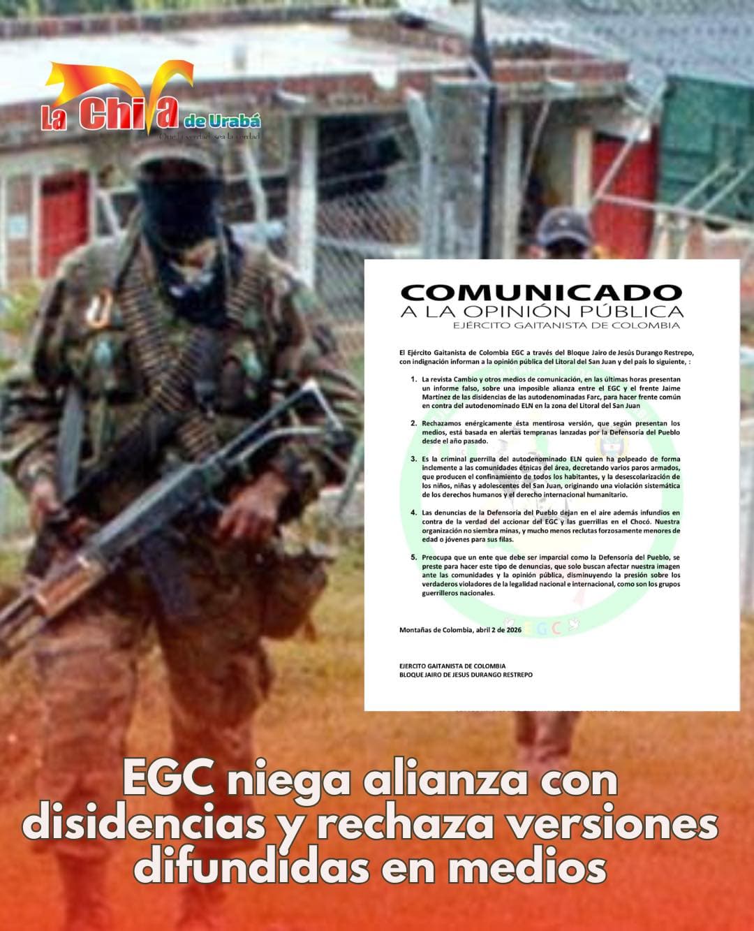 El EGC negó tener alianzas con disidencias en el Litoral San Juan