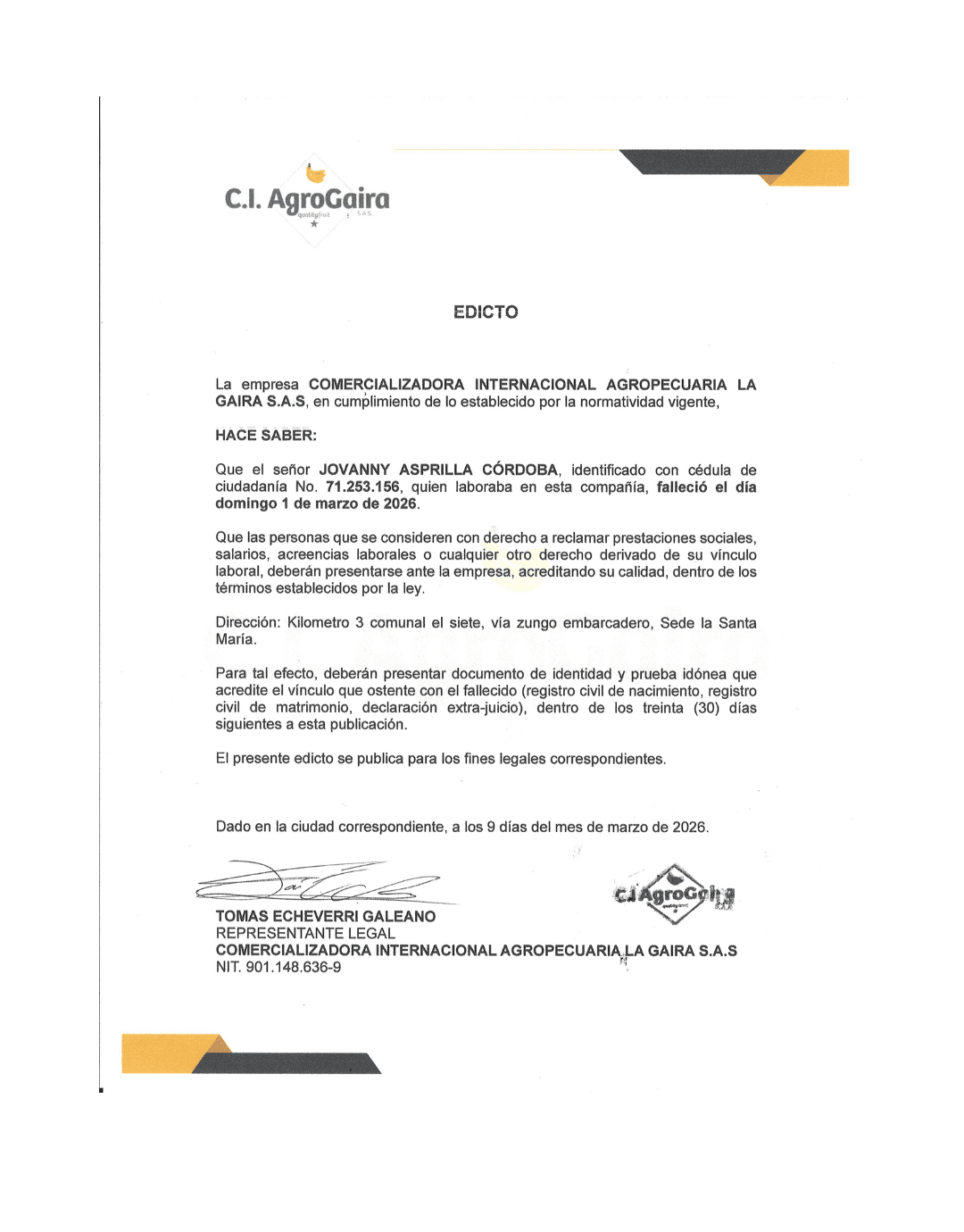 EDICTO  C.I. AgroGaira  Segundo aviso: A familiares de JOVANNY ASPRILLA CÓRDOBA
