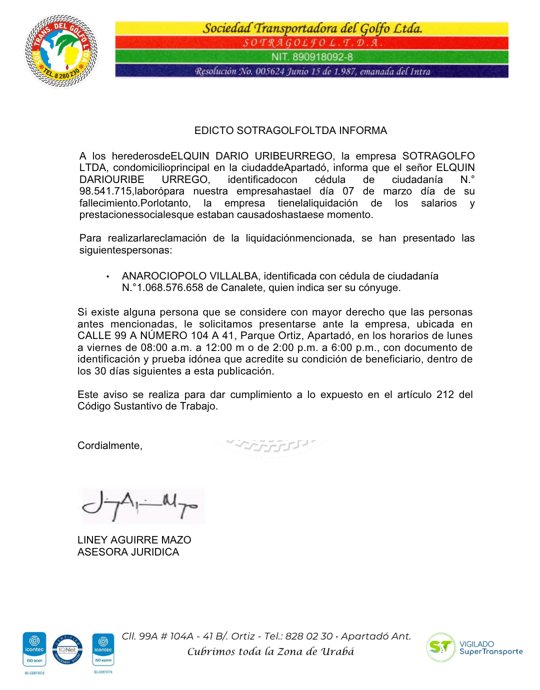 EDICTO, SOTRAGOLFO LTDA INFORMA