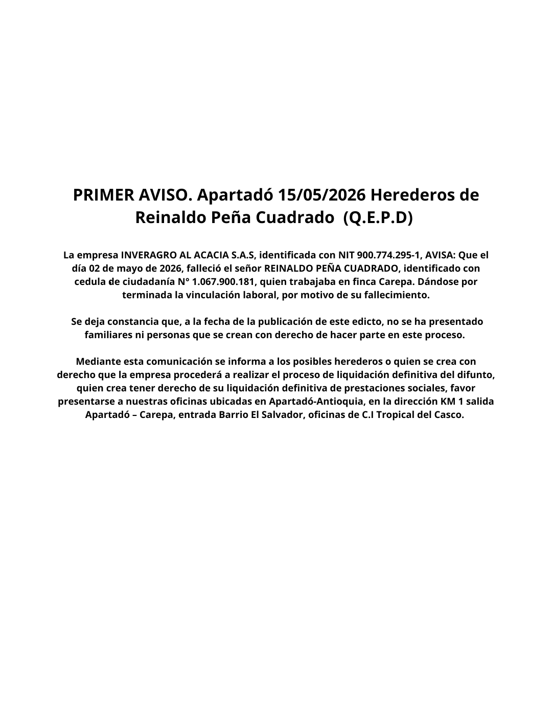 Apartadó 15/05/2026. Primer aviso. Herederos de REINALDO PEÑA CUADRADO (Q.E.P.D