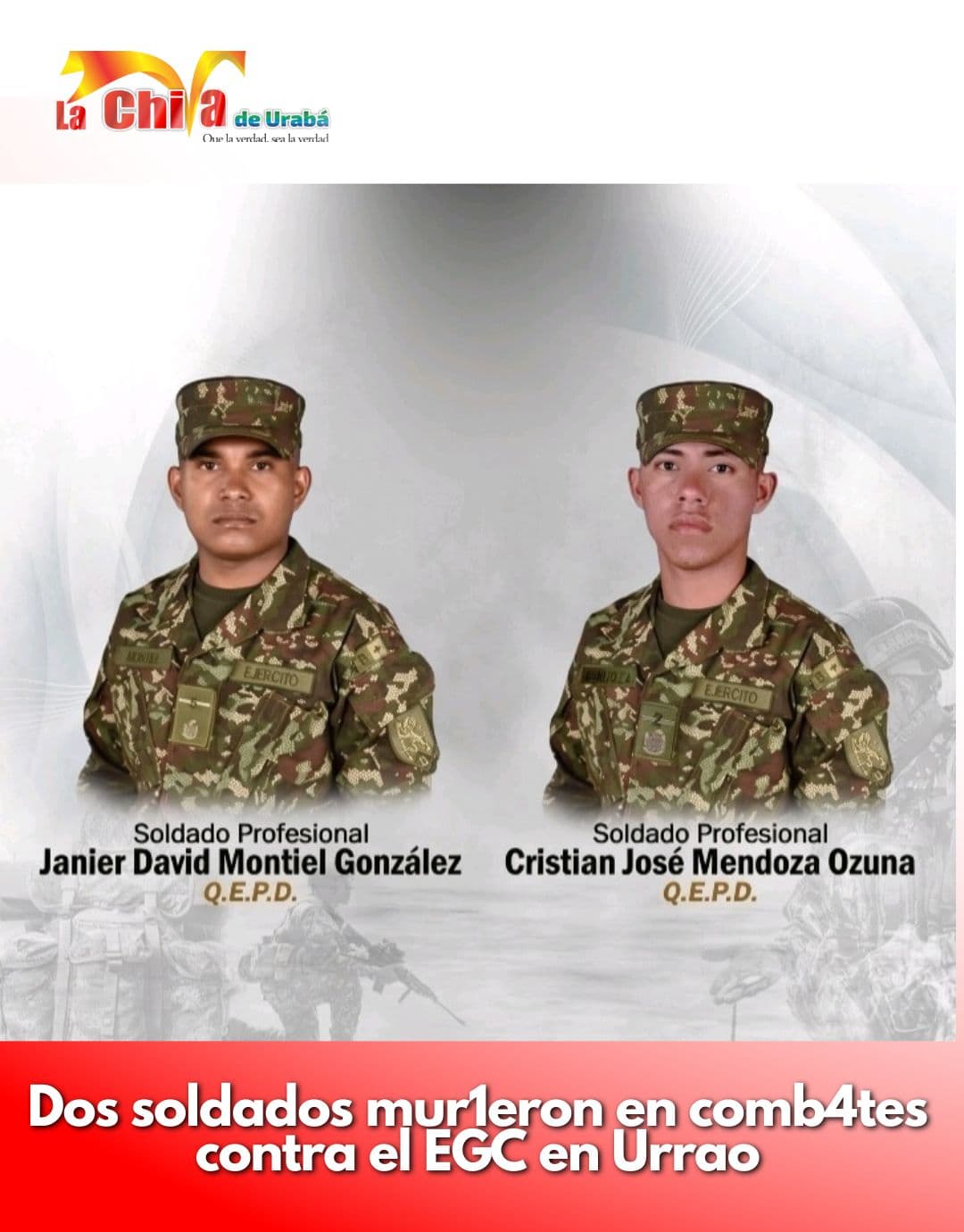 Dos soldados murieron en combates entre el Ejército y el EGC en zona rural de Urrao
